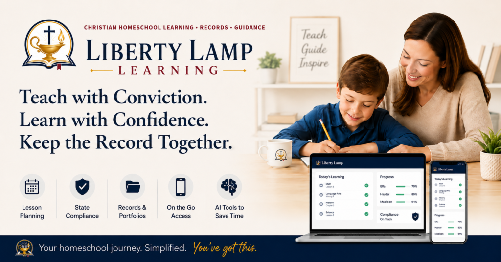 Liberty Lamp Learning Christian homeschool platform with a mother helping her child learn, lesson planning, state compliance, records, portfolios, mobile access, and AI tools.