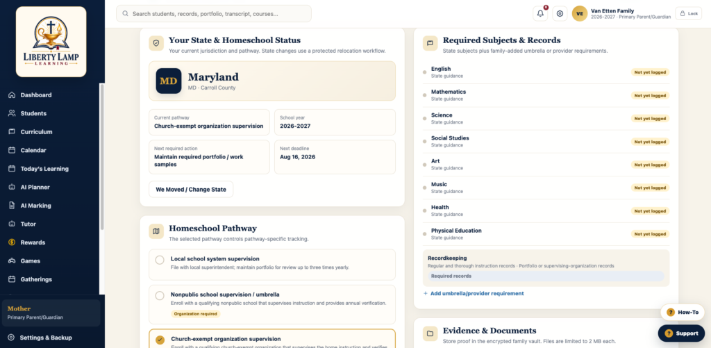 Liberty Lamp Learning state compliance dashboard showing homeschool requirements, filing guidance, required documents, deadlines, and compliance tracking for families.