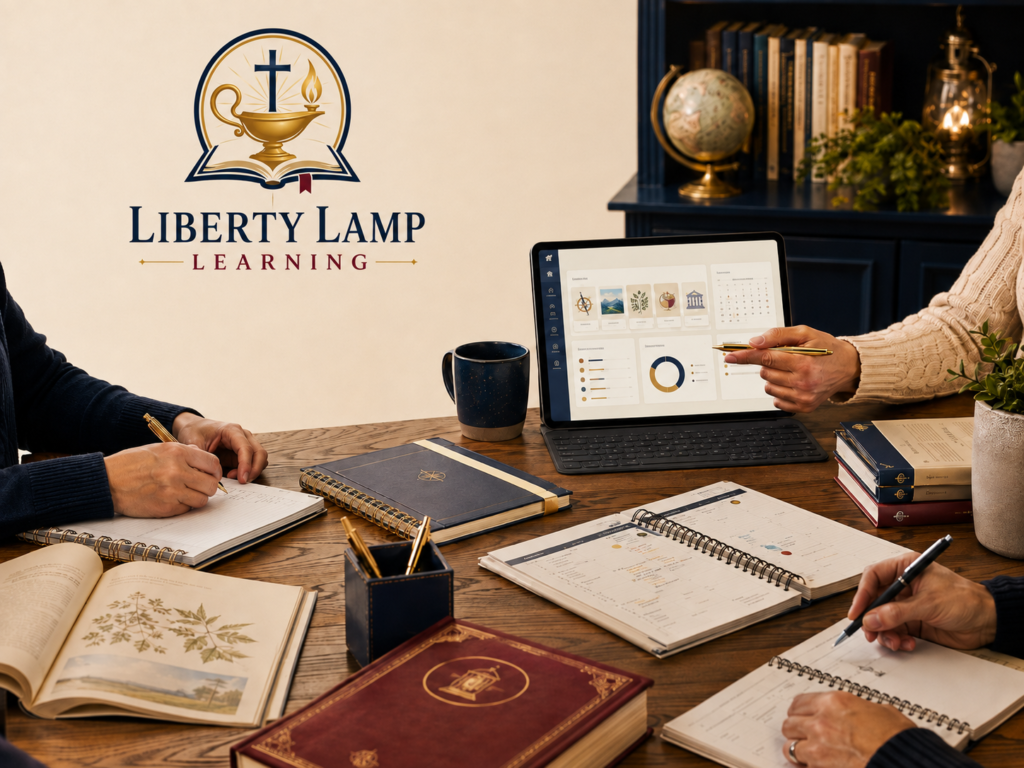 Liberty Lamp Learning partnership workspace with curriculum books, a tablet, homeschool planning materials, and collaborative hands.