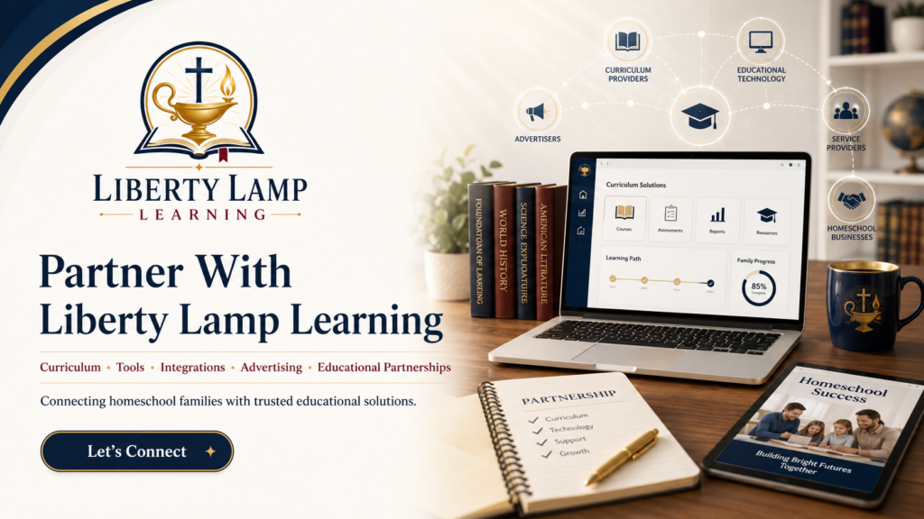 Liberty Lamp Learning homeschool partnership graphic featuring curriculum providers, educational technology, advertisers, service providers, and homeschool businesses.